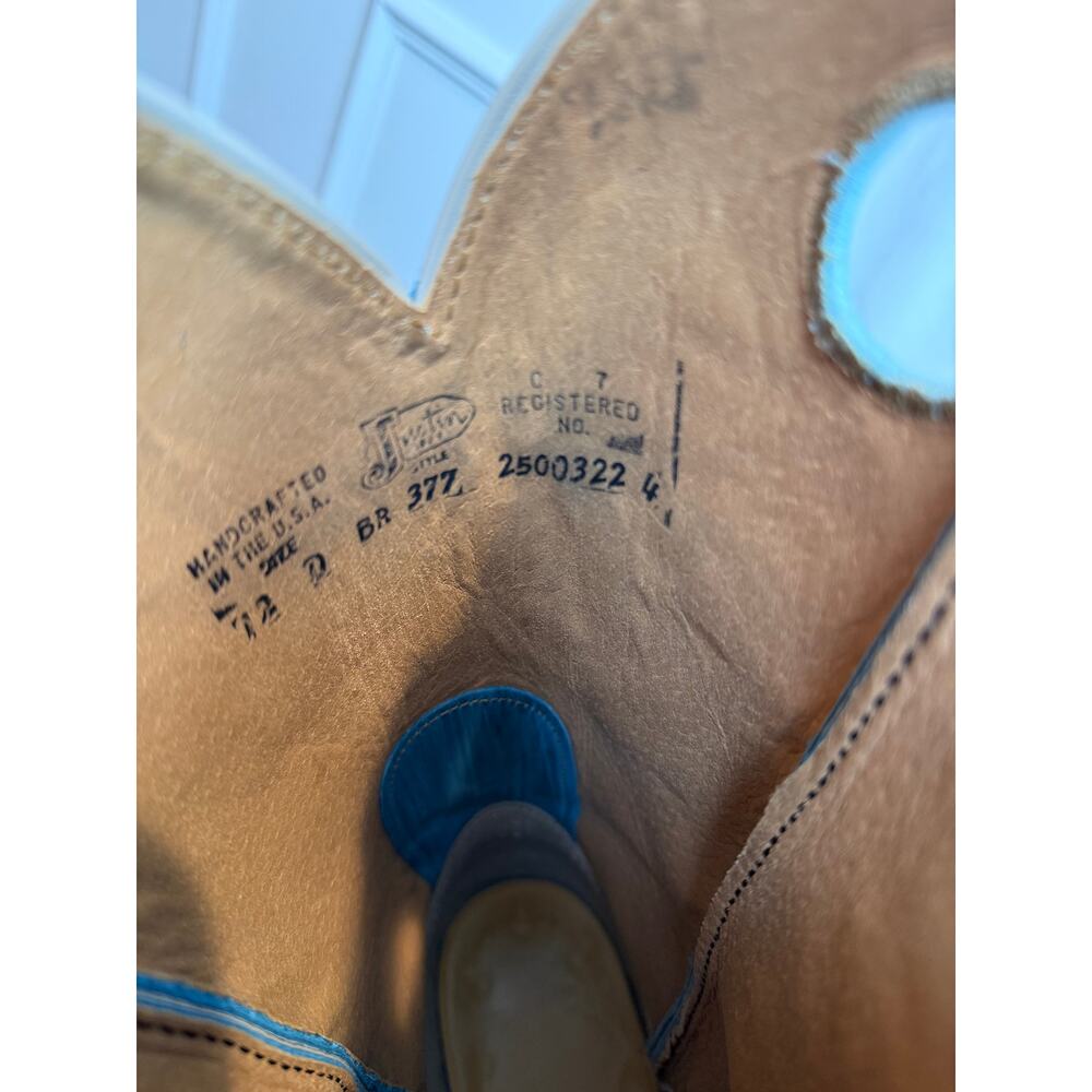 Justin Bent Rail BR377 Cowboy Boot Chocolate Puma Sophia Blue Square Toe 11.5D - Picture 5 of 8